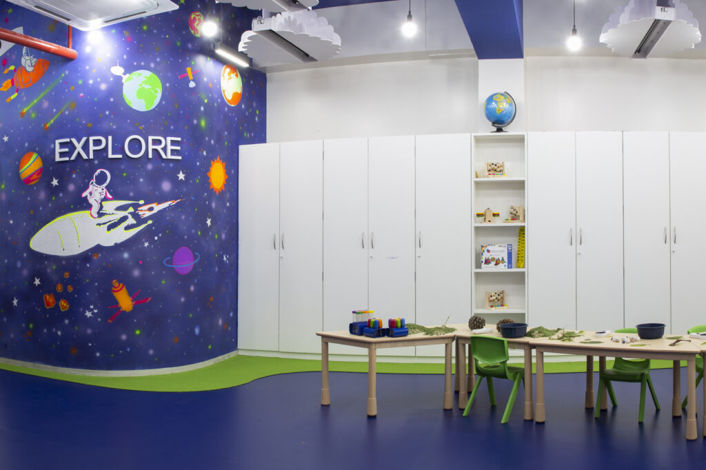 A space theme inspired room for children designed in blue and white with spaceship, astronauts, planets